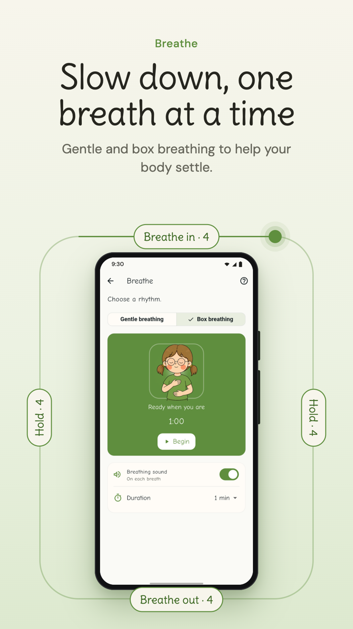 Solyenne guided breathing screen with Okol and a box-breathing rhythm