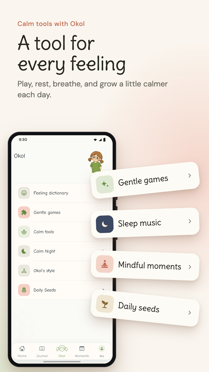 Solyenne calm tools menu with gentle games, sleep music, mindful moments, and daily seeds