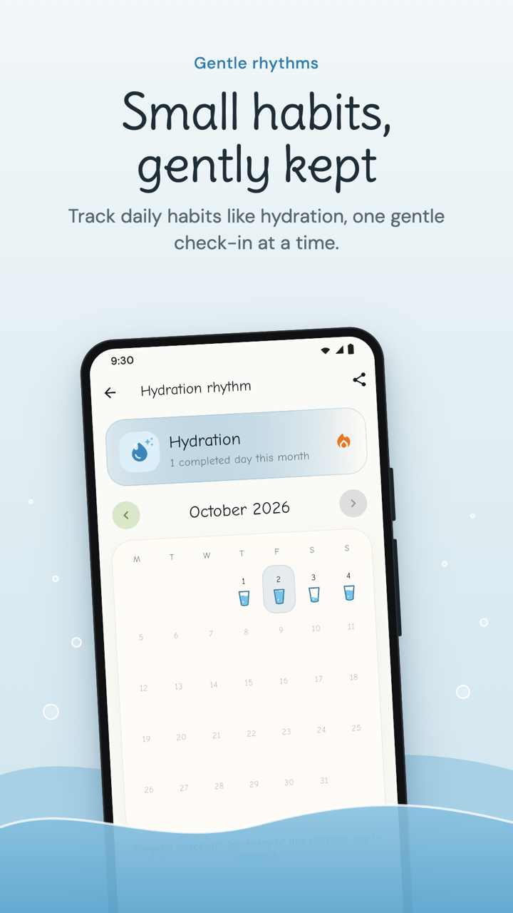 Solyenne hydration rhythm calendar for daily habit check-ins