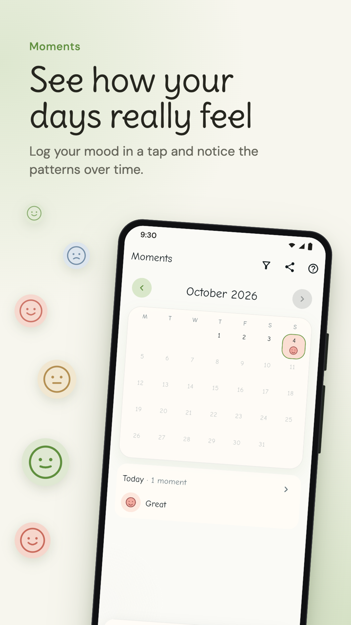 Solyenne Moments mood calendar with daily feeling check-ins