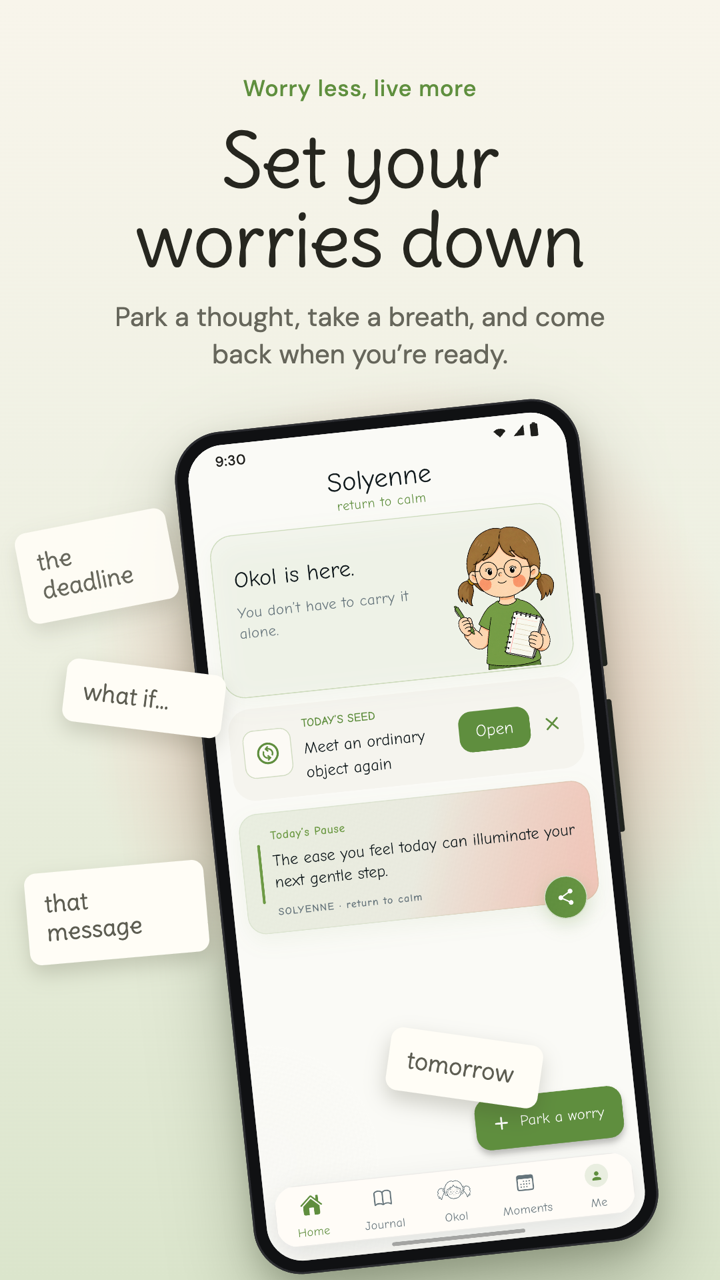 Solyenne home screen showing worry parking with Okol