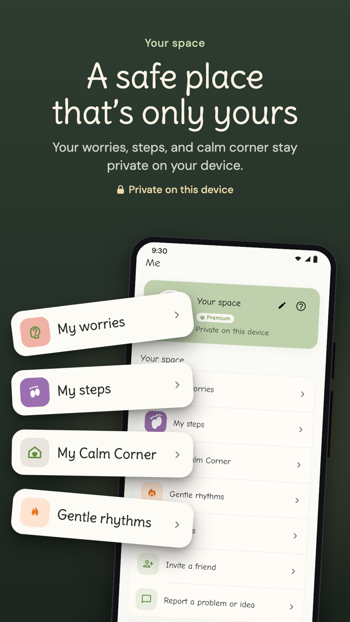 Solyenne private space with worries, steps, calm corner, and gentle rhythms